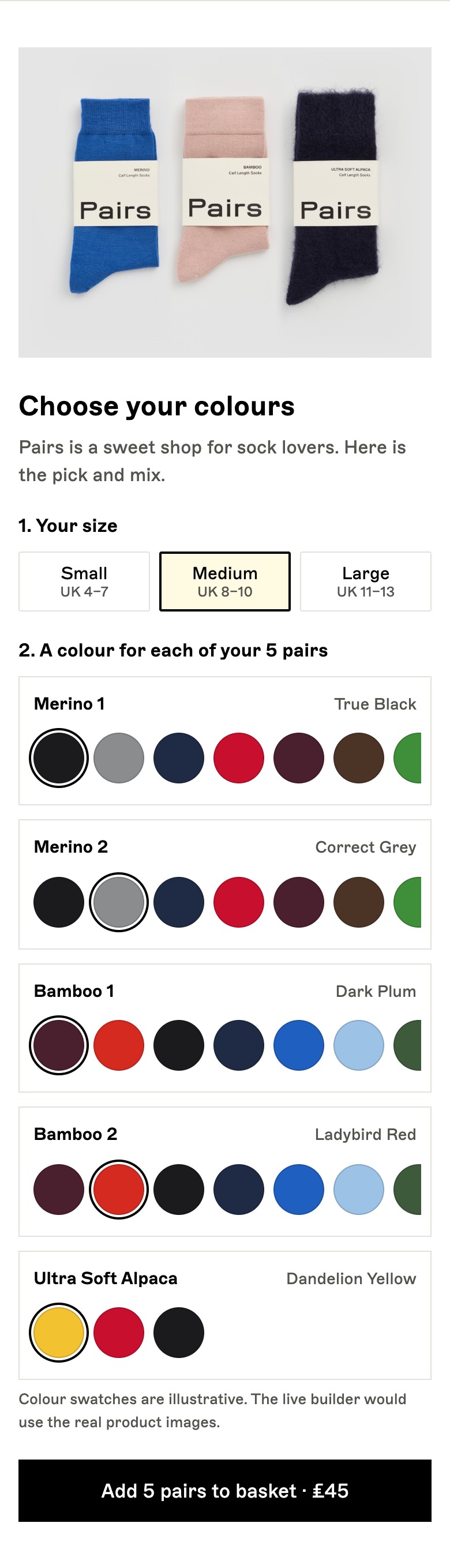 Rebuilt builder with size buttons and colour swatches per pair