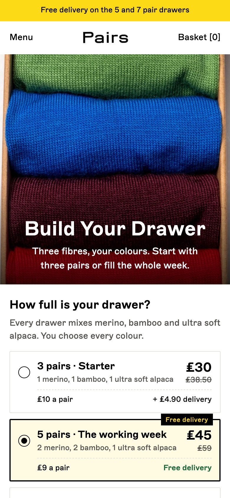 Rebuilt first screen on a phone with drawer sizes under the hero